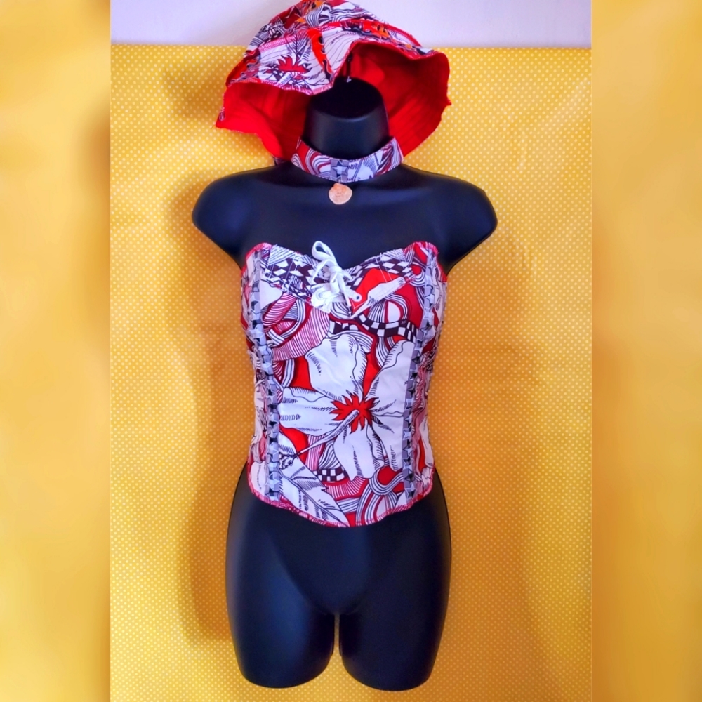 🌸90s Aloha Boardshort Corset Top Set Outfit bucket hat choker upcycled 2000 Y2k
